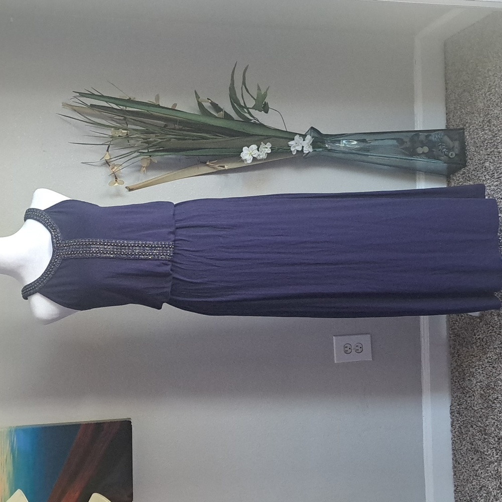 Charming Charlie Maxi Dress Navy Blue Saquins Detail Elastic Waist Sz M